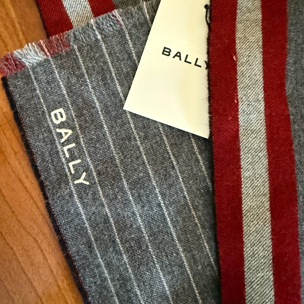 NWT- Bally Virgin Wool Charcoal and Burgundy Striped Scarf